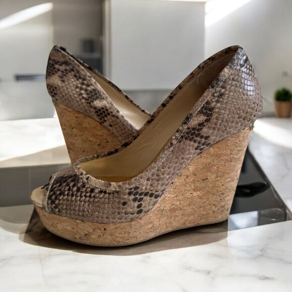 JIMMY CHOO Snake Print Leather Cork Wedges Size 37.5